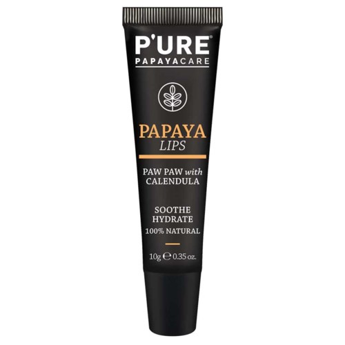 A black tube with the brand 'P'URE' and text about papaya lip balm, containing calendula, that soothes and hydrates.