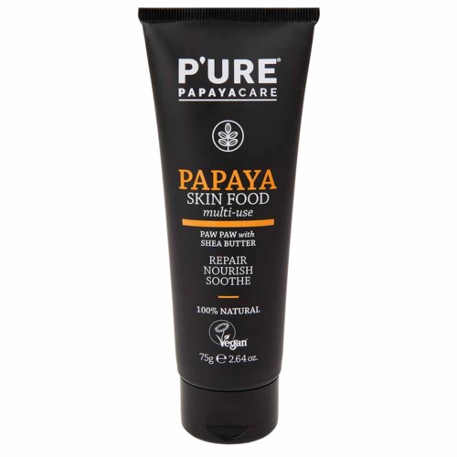 A black tube of skin care product labeled 'P'URE PAPAYACARE', featuring a papaya image and description of uses.