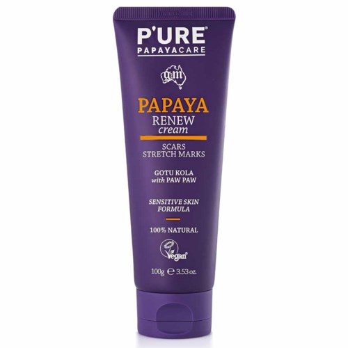 En lila tub med Pure Papaya Care Renew Cream för ärr och sträckmärken från Papaya. Den är för känslig hud.