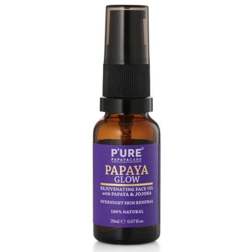 Liten brun flaska med lila etikett som säger 'Papaya Glow' för hudförnyelse med naturliga ingredienser.