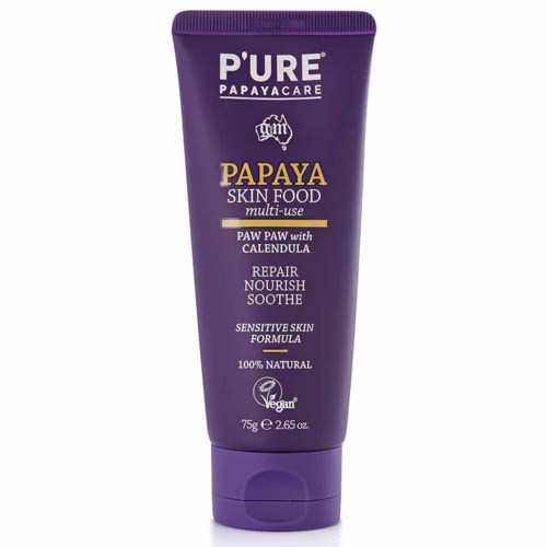 Lila tub med PURE Papaya Skin Food multiproduktkräm med text om hudreparation och veganskt produkt.