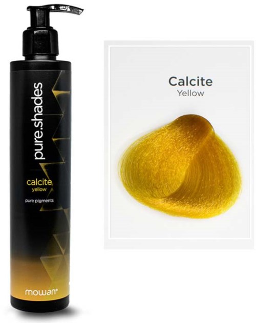 En svart flaska med gul pigment med pump och ett kort som visar ett gult pigmentprov. Färgen är Calcite.