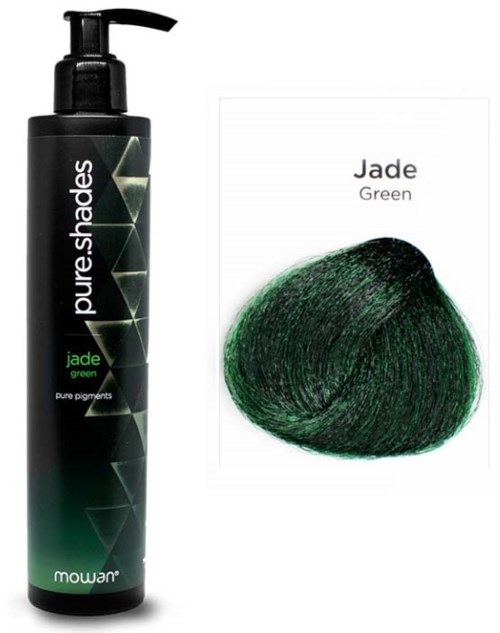 En svart flaska hårfärg och ett prov av grön hårfärg som heter 'Jade Green'.
