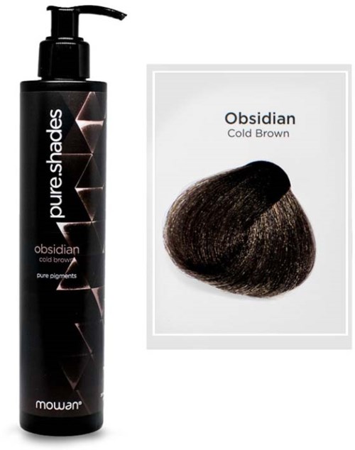 En flaska hårfärg märkt 'Pure Shades Obsidian Cold Brown' och ett exempel på mörkbrunt hårfärg.