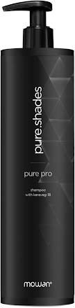 En sort flaske mærket 'Mowax Pure Shades Pure Pro' shampoo med en sort pumpe på toppen.