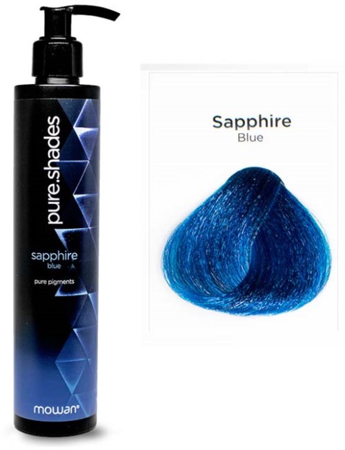 En svart flaska märkt 'Pure Shades Sapphire Blue' med pump, bredvid ett färgprov av blå pigment.