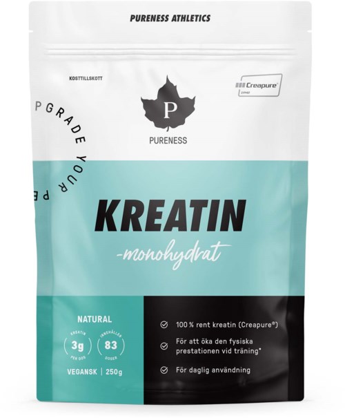 A white and teal packet labeled 'KREATIN monohydrate' for sports and fitness.