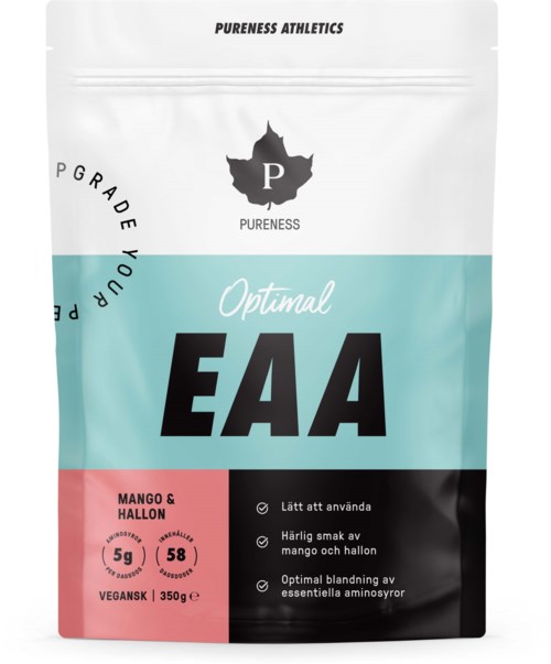 Pureness Athletics EAA -tuotesäkin värit ovat valkoinen, turkoosi, vaaleanpunainen ja musta, ja siinä on teksti makuista ja ainesosista.