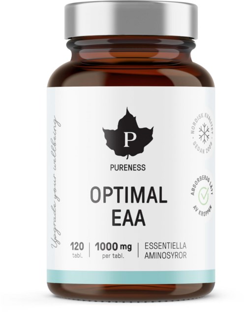 A supplement bottle labeled 'Optimal EAA' with 120 tablets, 1000 mg per tablet, contains essential amino acids.