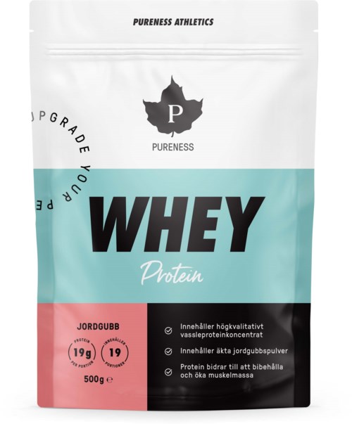Hvid og pastelfarvet valleproteinpakke med Pureness-logo, 19g protein, 500g vægt og produktfordele på dansk.