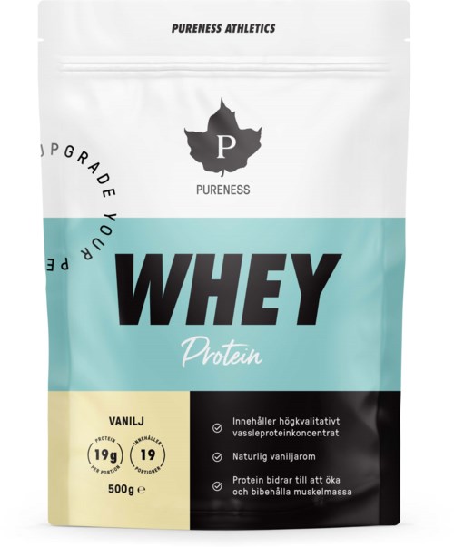En hvit og blå pose med myseprotein fra Pureness Athletics, merket vanilje-smak, veier 500 gram, med næringsinformasjon.