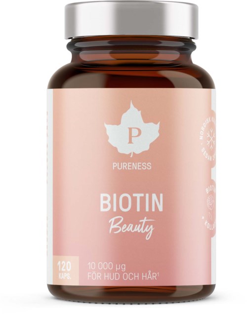 butelka oznaczona Biotin Beauty, różowo-biała, zawiera suplement na zdrowie włosów.