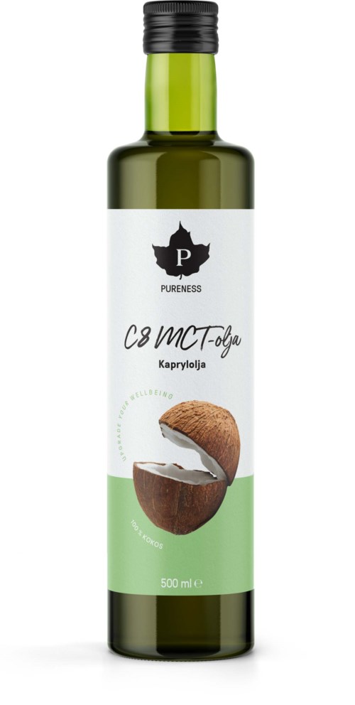 A green glass bottle with a white label showing a coconut and text, likely containing coconut oil.