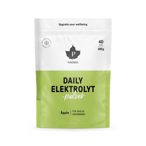 Groen en wit poederverpakking met zwarte tekst, gemarkeerd Daily Elektrolyt pulver met appel smaak, voor dagelijks gebruik.