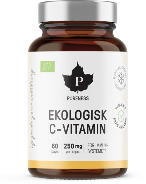 En brun flaska med vegansk C-vitamin kosttillskott med vit etikett som visar gröna och svarta tecken och symboler.