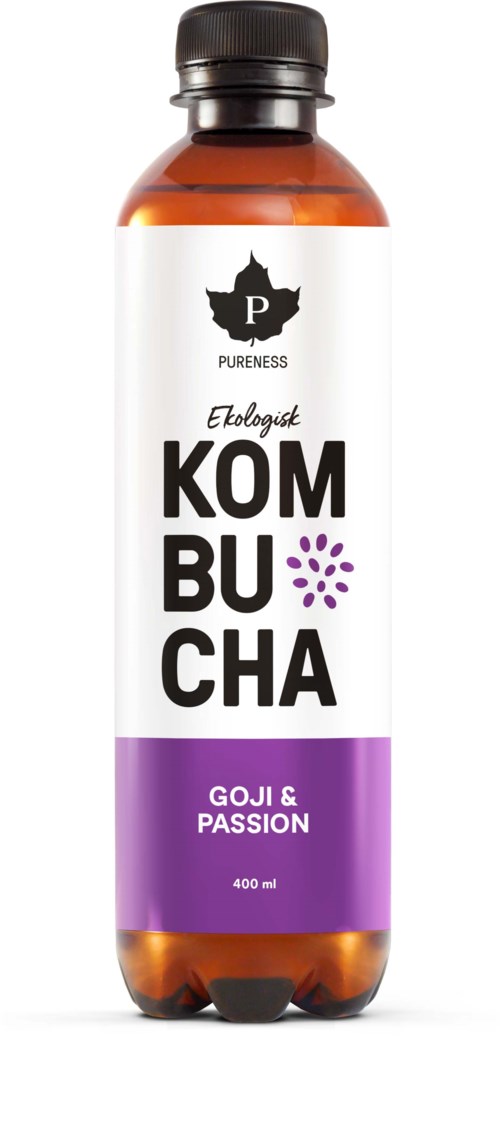 En flaska kombucha med svart lock, vit och lila etikett, och orden Goji och Passionsfrukt.