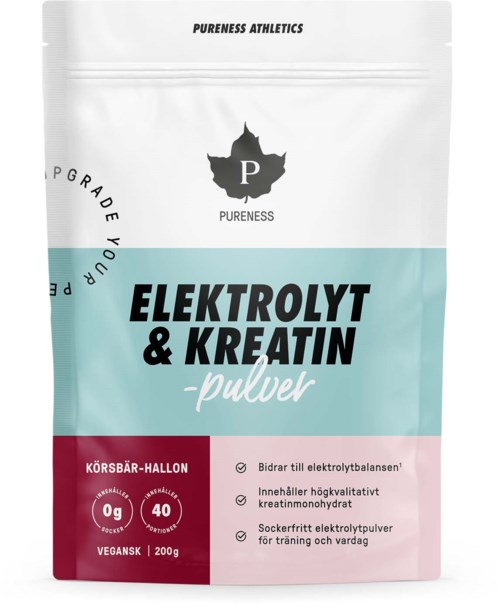 En vit och ljusblåpåse med svart och röd text, märkt som elektrolyt- och kreatinpulver.