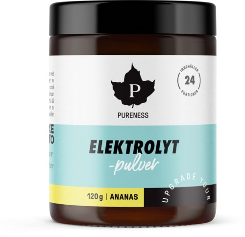 A brown jar with a white and light blue label. It has black lid and text about an electrolyte powder with pineapple flavor.