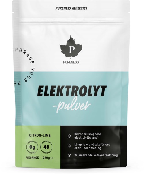 Ett vitt och blått emballage märkt 'Elektrolyt-pulver'. Det har smak av citron-lime, utan socker, och är veganskt. Innehåller 240g.