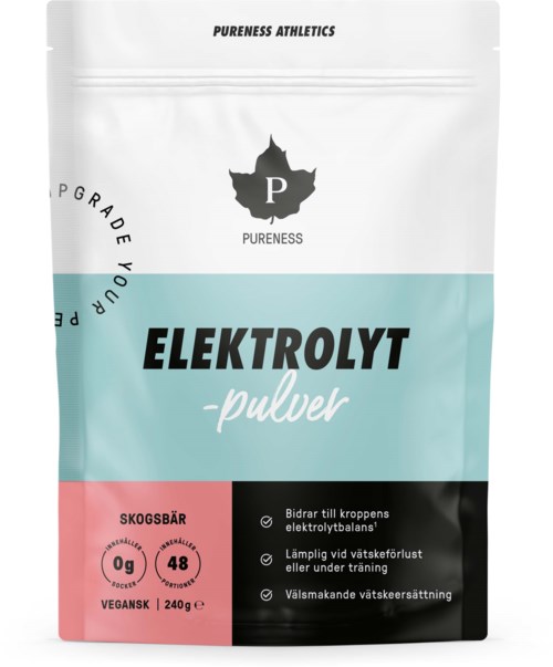 Sulkupakkaus elektrolyytin jauhetta, pinkki ja sininen osio, tekstiä eduista ja ainesosista.