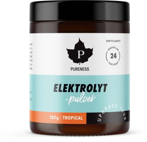 En burk med tropisk elektrolytpulver med svart lock, vit och ljusblå etikett och svarta och orange detaljer.
