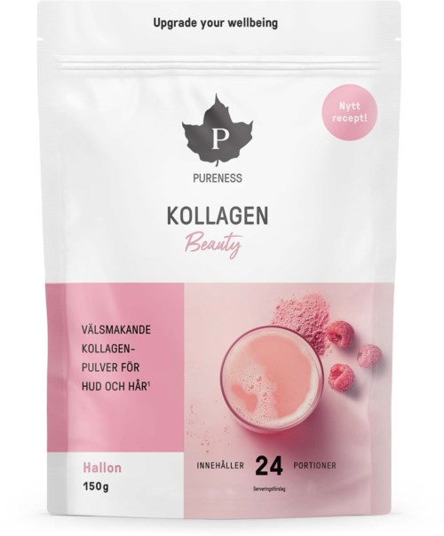 A collagen beauty powder package with pink accents, a glass of pink drink, and raspberries, promoting skin and hair health.