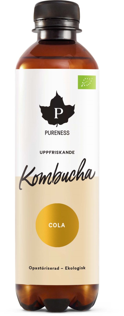 A brown bottle with a white label, black cap, and green eco logo. It says 'Kombucha Cola' and is organic.