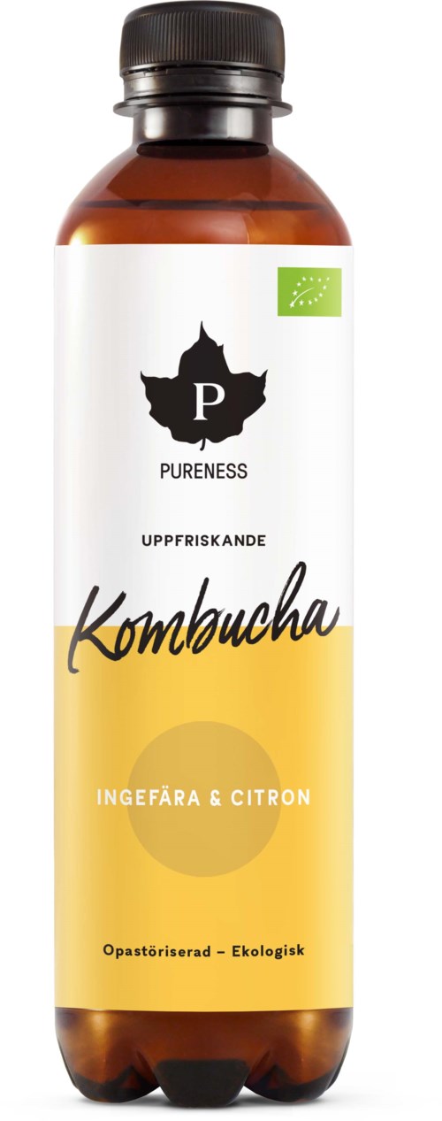 En brun flaske med hvit og gul etikett, med en svart kartoutline, ordet "Kombucha" og ingredienser ingefær og sitron.
