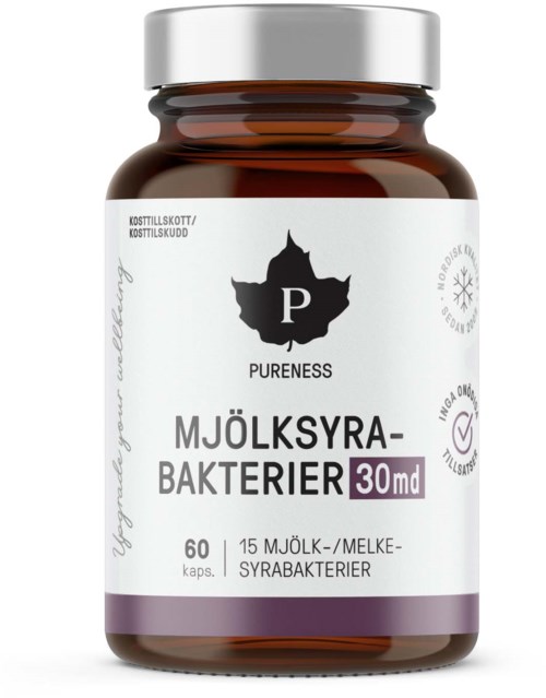 En flaska probiotiska kosttillskott märkta 'Pureness' med 30 mg mjölkbakterier, 60 kapslar, i vit- och lila förpackning.