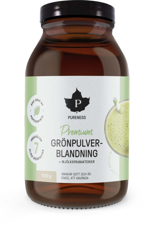 En krukke med økologisk frukt- og grønnsaksblanding med probiotika og lime, merket som premium, lett å bruke.