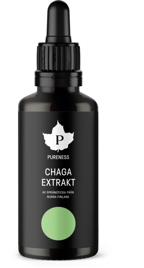 En svart flaska med pipettlock, märkt 'Chaga Extract' från Finland, har en grön cirkel.