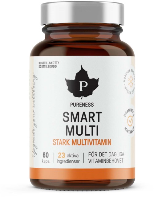 Vitaminpräparat med etiketten 'Pure Pureness Smart Multi' med 60 kapslar som främjar multivitaminer med 23 ingredienser för dagligt behov.