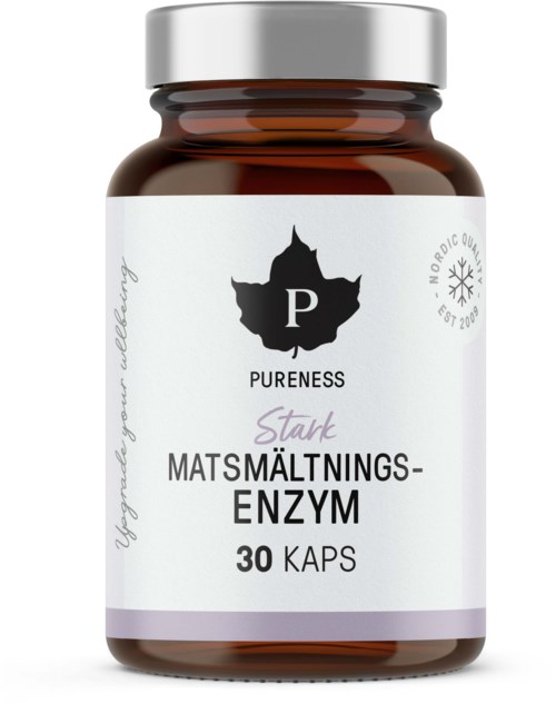 En brun flaske med hvit etikett, svart bladlogo og lilla tekst, inneholder enzymkapsler. Klar og enkel design.