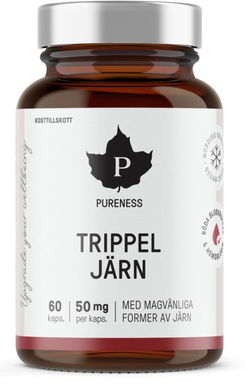 Bottle of dietary supplement with label showing Pureness, Trippe Jarn, 60 capsules, 50 mg per capsule, made from former iron.