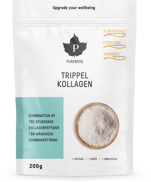 Wit collageenpoeder in een hersluitbare zak met een zwart bladlogo en productnaam in het Nederlands.