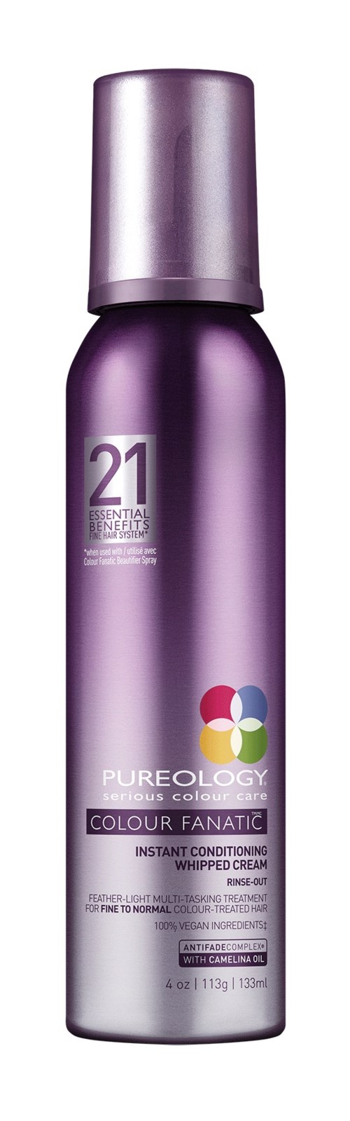 En lila cylindrisk flaska med Pureology hårprodukter med matchande lock, märkt som snabbverkande konditionerad vispgrädde.