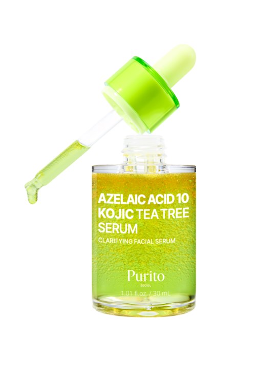 A small glass bottle with a dropper shows yellow serum labeled Azelaic Acid, Tea Tree, and Clarifying Facial Serum.