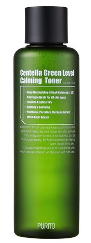 Grön flaska med svart lock. Etiketten säger 'Centella Green Level Calming Toner' och listar dess fördelar.