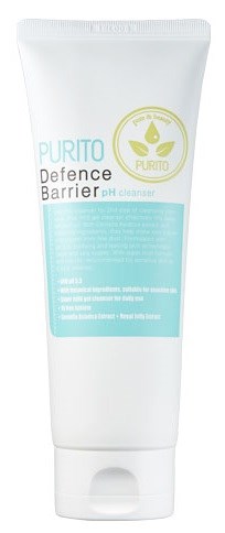 En vit tub märkt Purito Defense Barrier pH-rengöring med en blå sektion, logo och produktdetaljer.