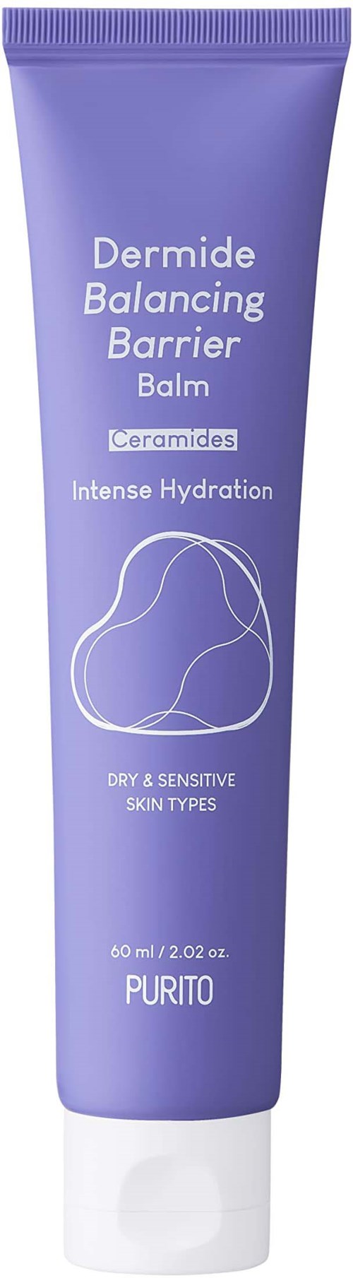 En lila tub med hudsalva märkt Dermide Balancing Barrier Balm för torr, känslig hud, med hydrering och ceramider, av Purito.
