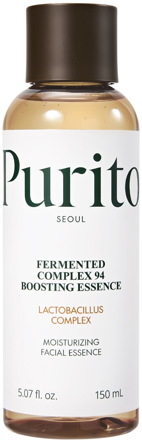 En liten flaska ansiktsessens märkt Purito från Seoul med fermenterat komplex och fuktgivande ingredienser.