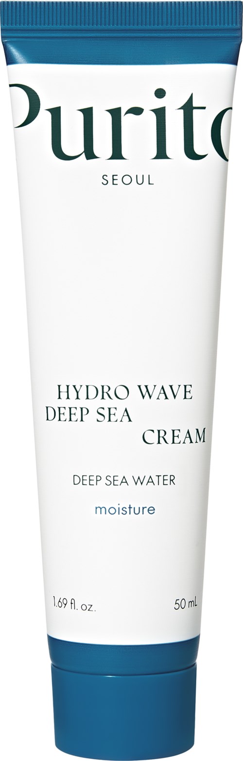 En tube av vitt och blått innehållande Hydrowave Deep Sea Cream av Purito, med text om dess fukt från djuphavsvatten.