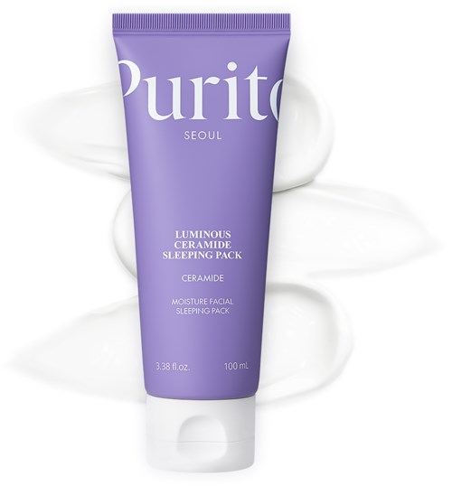 Lila Tube mit Hautpflegeprodukt mit weißen Text, umgeben von weißer Creme oder Lotion, Beschriftung erwähnt Ceramid und Schlafmaske.