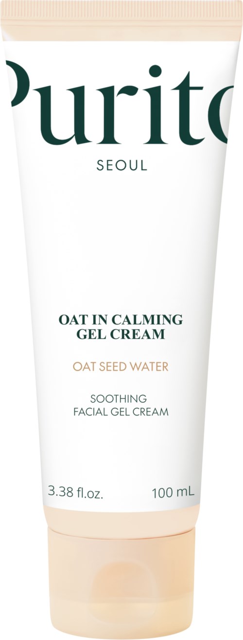 Weiße Tube mit Gesichtsgelcreme von Purito Seoul, enthält Haferkeimwasser für beruhigende Haut.