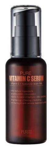 En liten mørk flaske med pumpe, merket 'Pure Vitamin C Serum' i orange bokstaver, inneholder hudpleieprodukt.