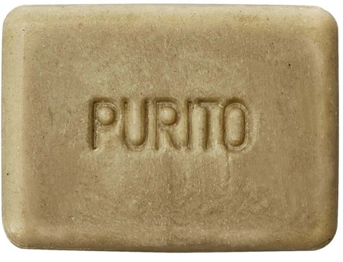 Beige saippua, jossa on tekstinä "PURITO", pyöreät reunat ja sileä pinta.