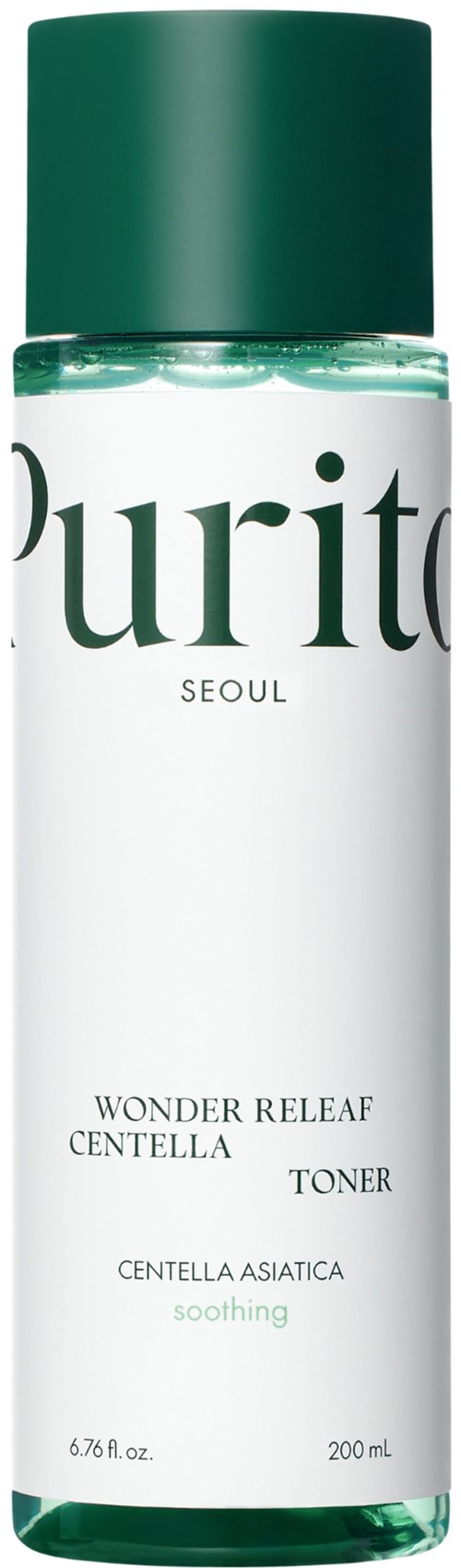En vit flaska med grönt lock för Purito toner, märkt Wonder Releaf Centella, lugnande, 200 ml, från Seoul.