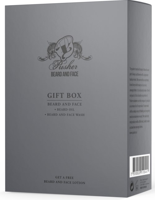 Grå eske merket 'Gift Box' med skjegg- og ansiktsprodukter, inkludert olje, vask og lotion, og en skjegglogo.