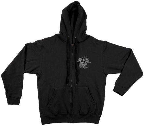 Black zip-up hoodie with a small cartoon animal on the chest. Hood has drawstrings. Long sleeves and front pocket.