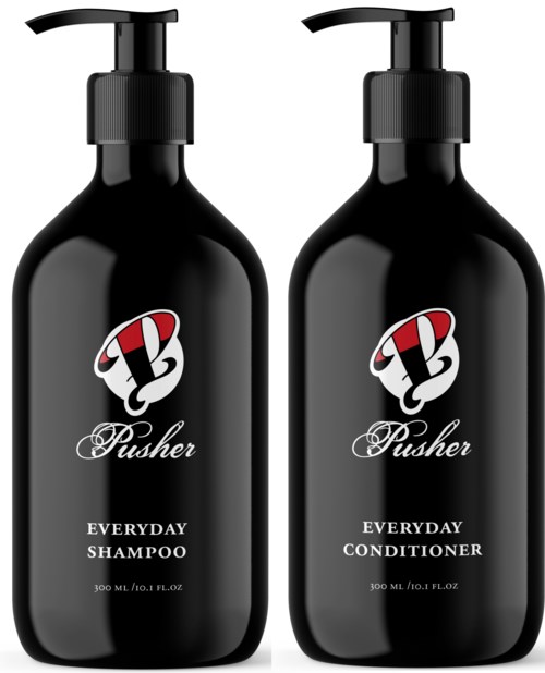 Two black bottles, one labeled "Everyday Shampoo" and the other "Everyday Conditioner," with pump dispensers and red and white logos.